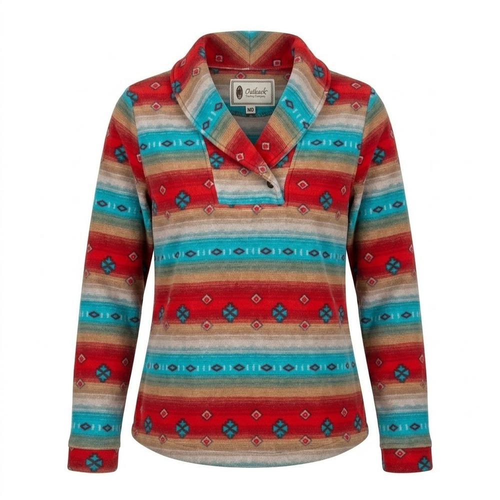 Outback Trading Co Tory Pullover Womens Medium Red Blue Aztec‎ Fleece Shirt - CJ